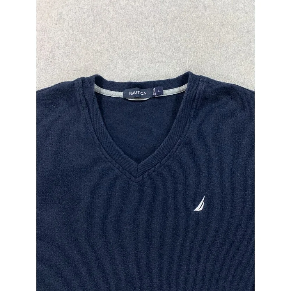 Nautica 100% Cotton V-Neck Midweight Sweater‎ (Men's Large) Blue